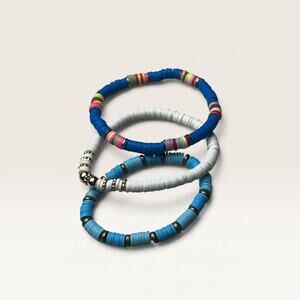 3-Piece Heishi Bead Stacking Bracelet Set - Blue & White with Rainbow Accents